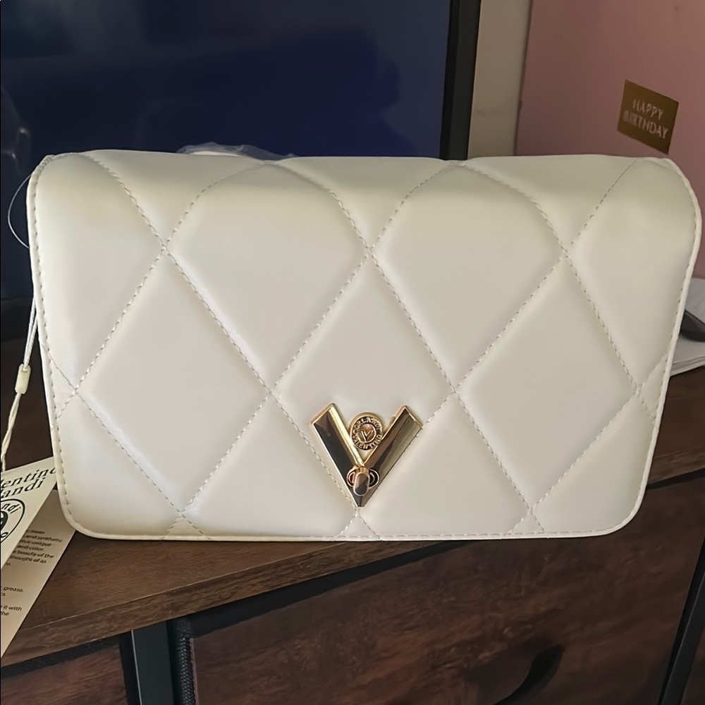 Valentino Orlandi Cream Quilted Clutch with Gold Accent
